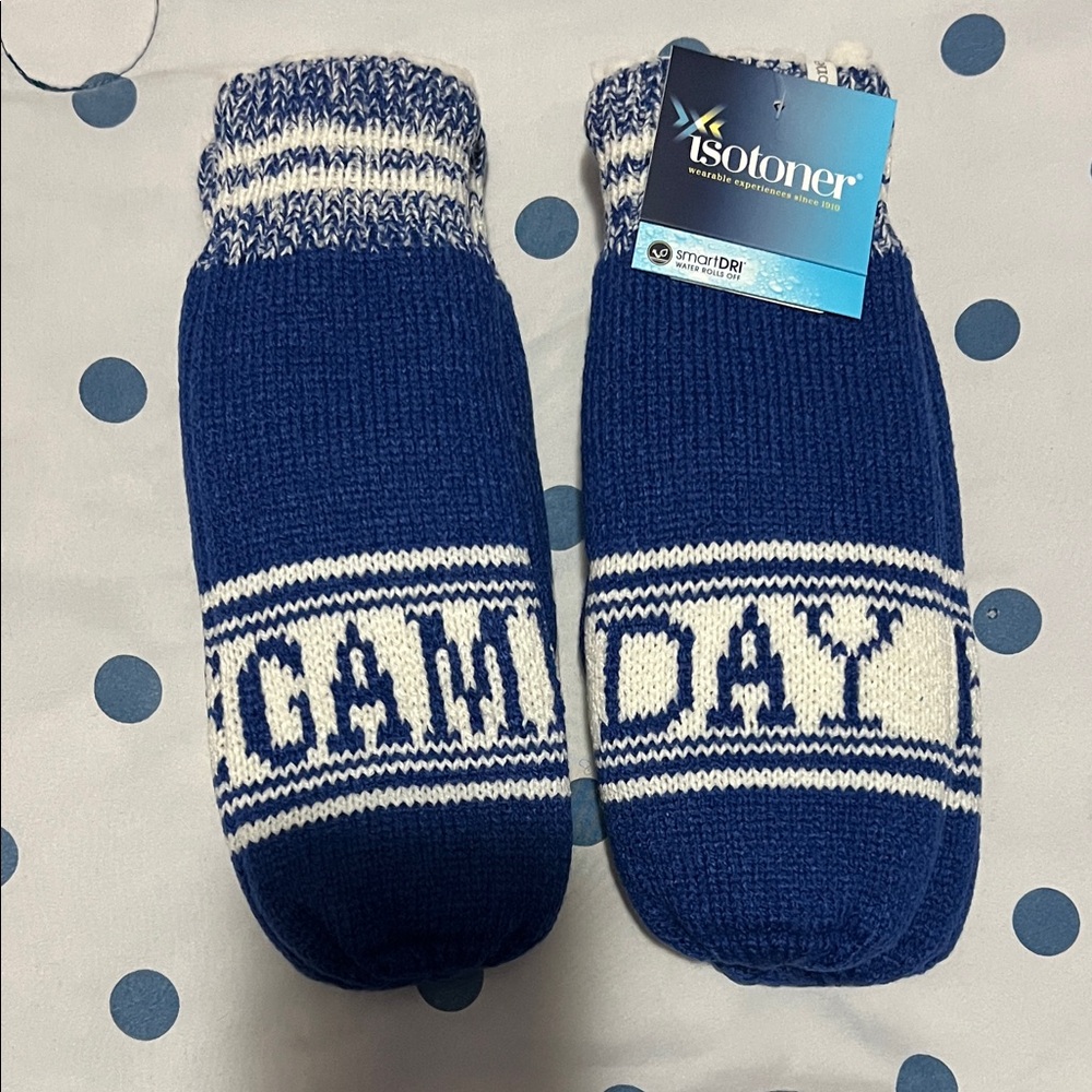 “Game Day” Isotoner Blue and White Knit Mittens